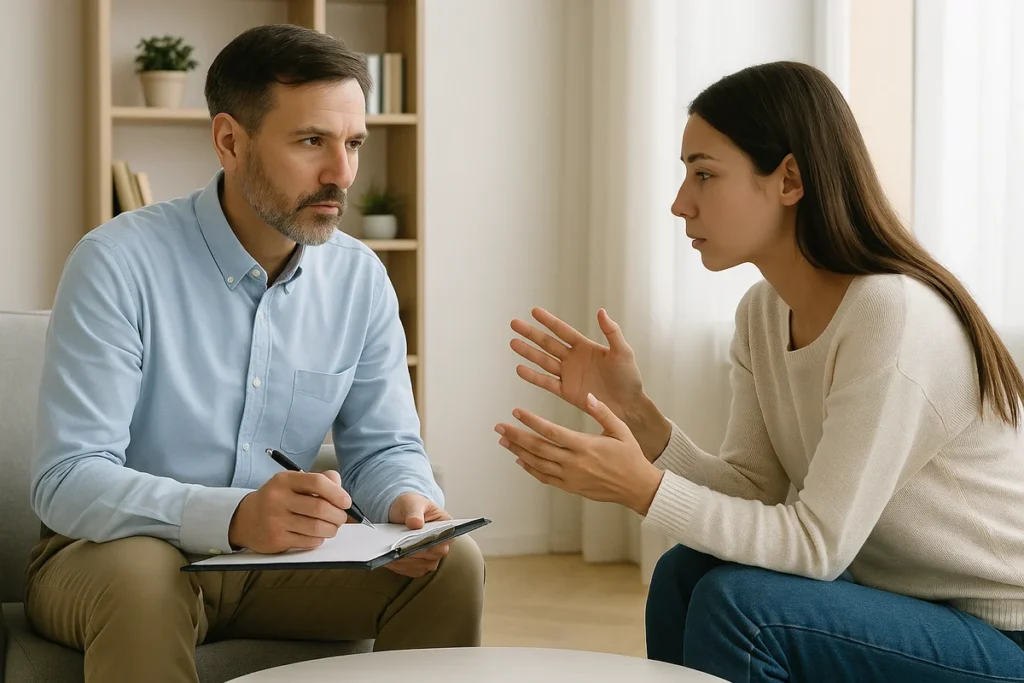 Psicologo e paziente durante una sessione CBT-I per trattare l’insonnia con approccio cognitivo-comportamentale